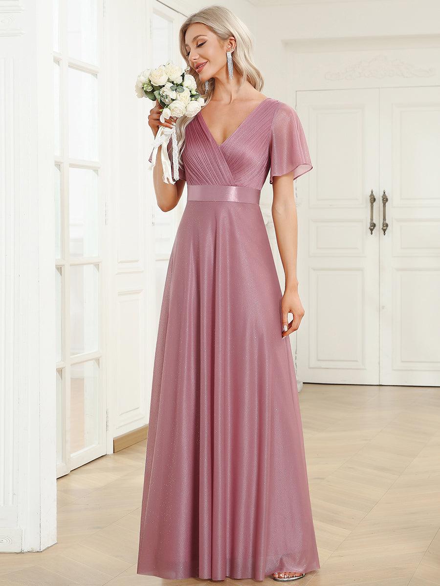 Robe de soirée longue scintillante à col en V et à manches flottantes #Couleur_Orchidee
