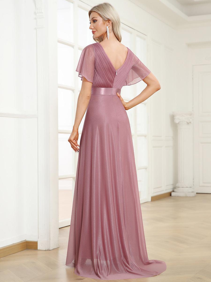 Robe de soirée longue scintillante à col en V et à manches flottantes #Couleur_Orchidee