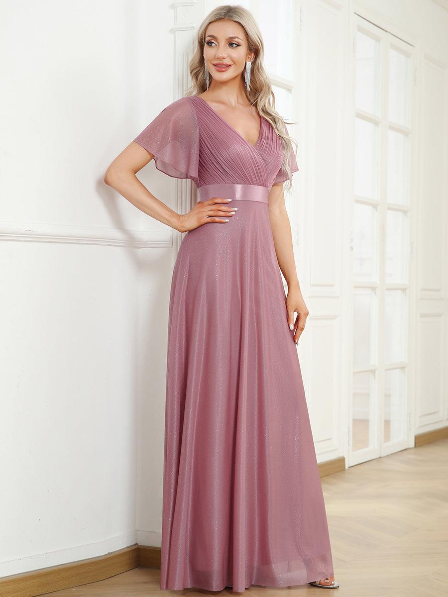 Robe de soirée longue scintillante à col en V et à manches flottantes #Couleur_Orchidee