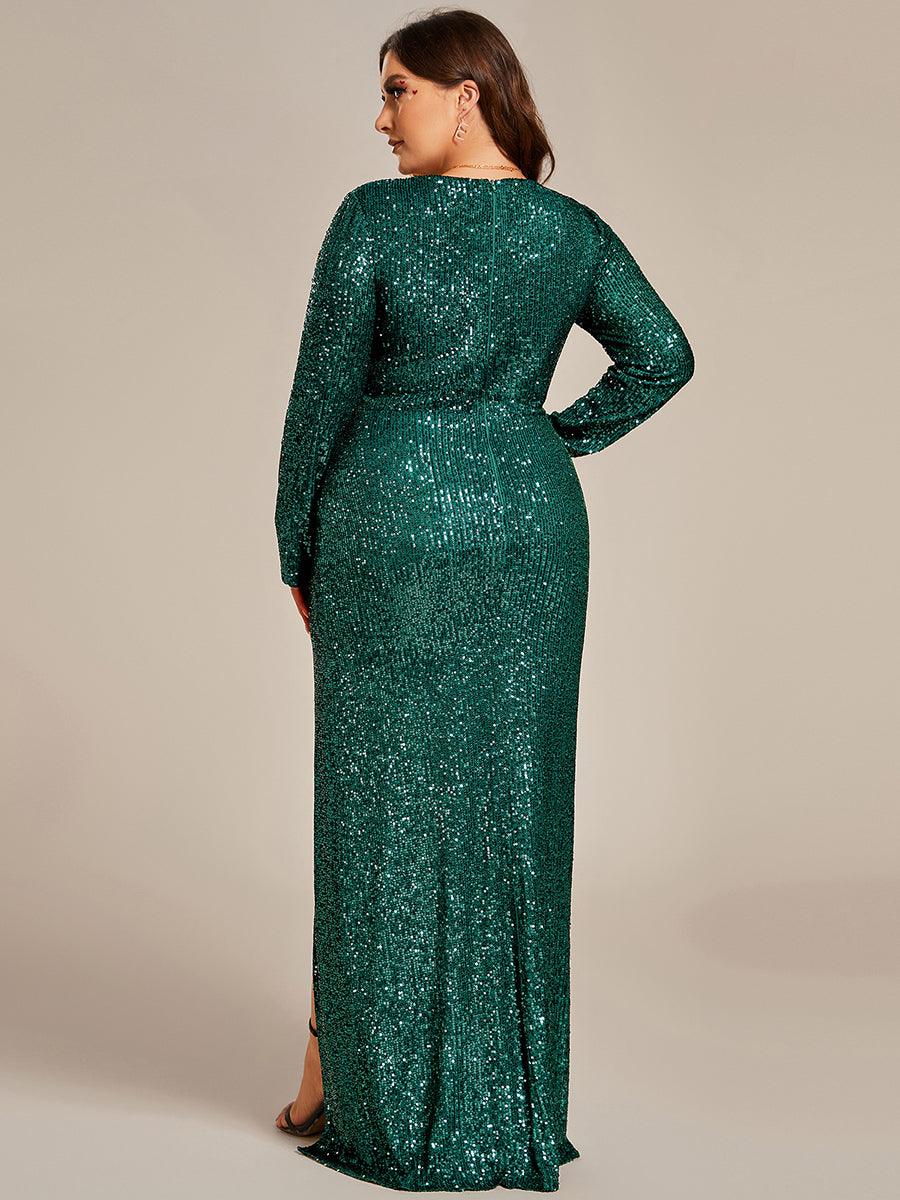 Robe de soirée fendue à la hauteur des cuisses manches longues col en V sequins scintillants#Couleur_Vert Fonce Robe de soirée fendue à la hauteur des cuisses manches longues col en V sequins scintillants