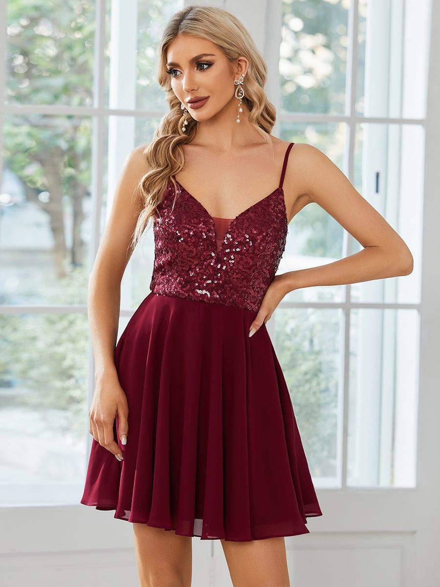 Robe Mariage Invitée courte Bretelles fine Corsage à paillettes scintillantes #Couleur_Blush Robe Mariage Invitée courte Bretelles fine Corsage à paillettes scintillantes