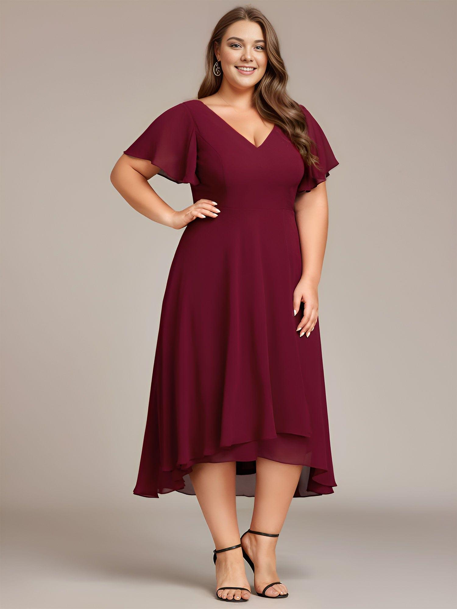 Robe d'invité de mariage en mousseline de soie grande taille avec col en V et manches à volants #Couleur_Bordeaux