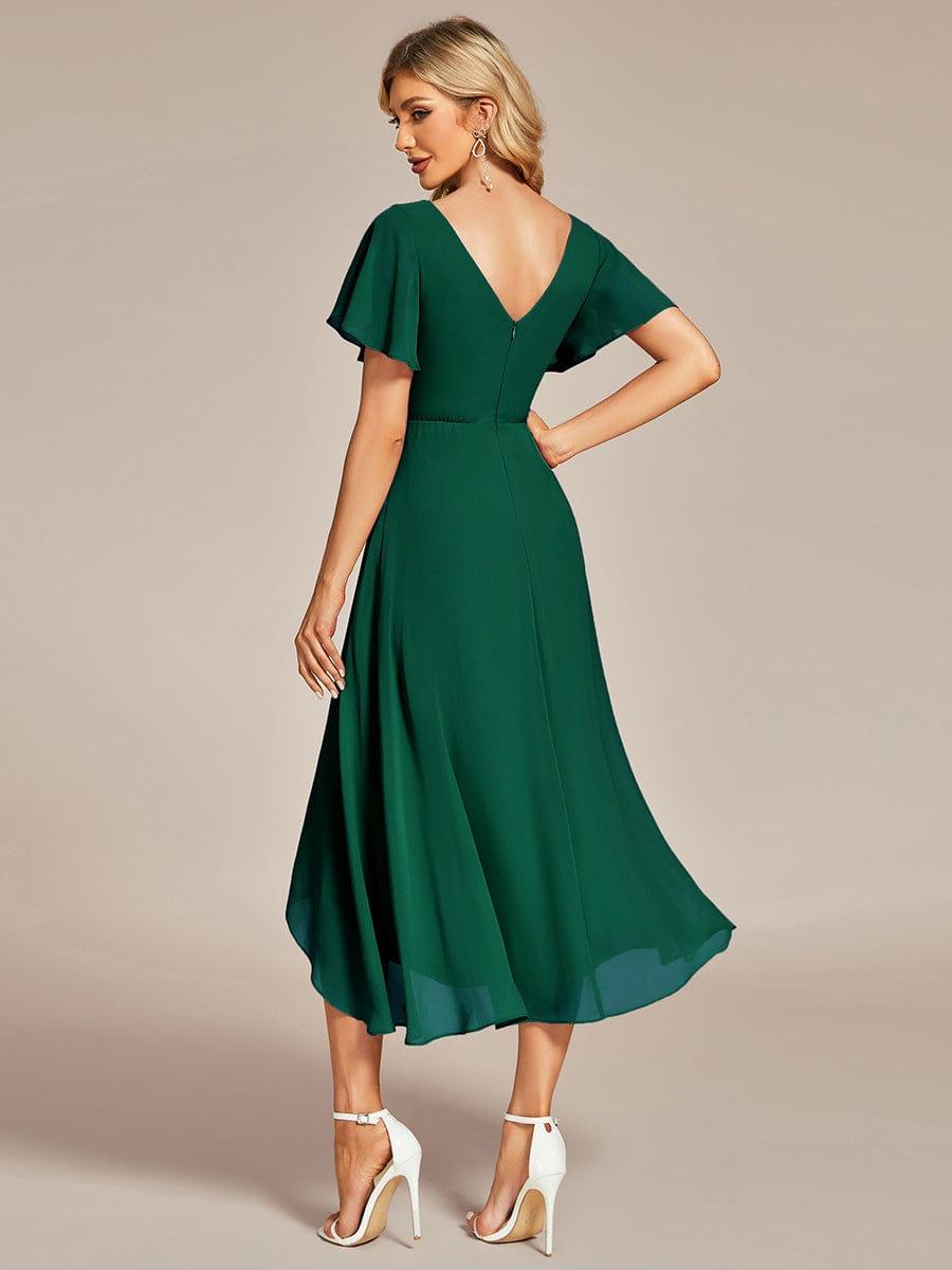 Robe Mariage Invitée haute-basse mousseline col en V Manches à volants #Couleur_Vert Fonce