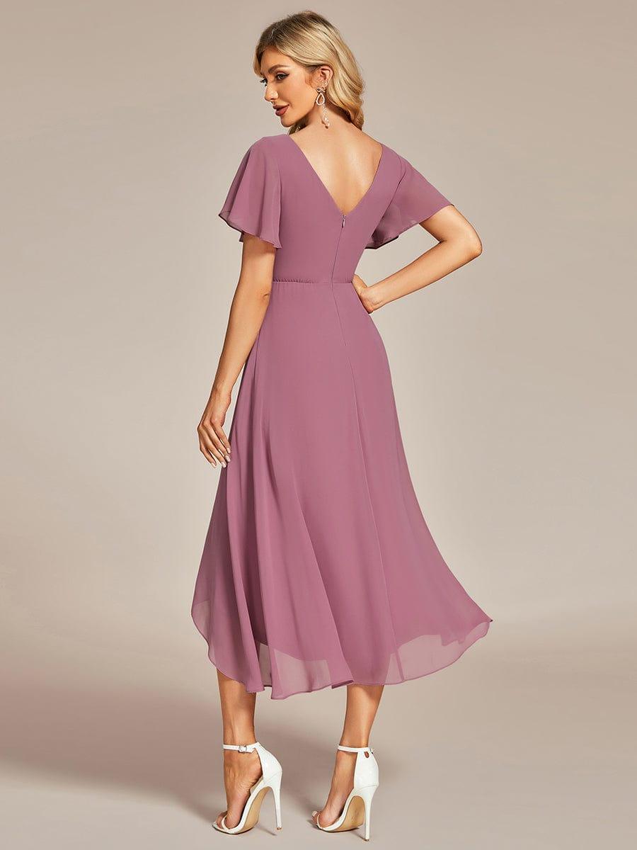 Robe Mariage Invitée haute-basse mousseline col en V Manches à volants #Couleur_Orchidee