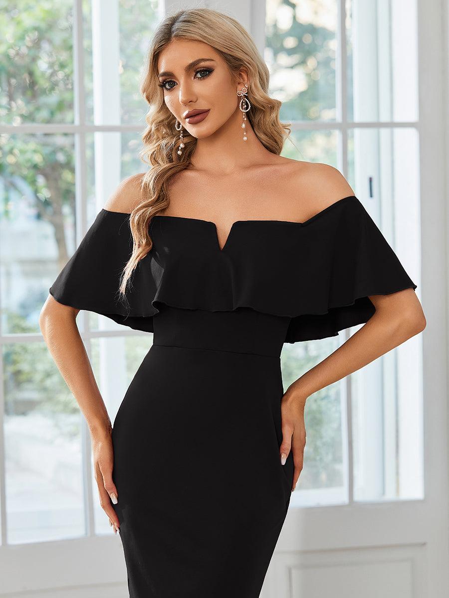 Robe Mariage Invitée moulante à épaules dénudées Longueur du thé #Couleur_Bordeaux Robe Mariage Invitée moulante à épaules dénudées Longueur du thé