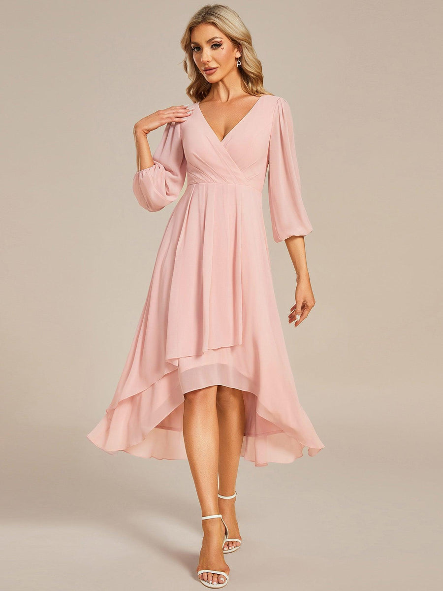 Robe invité de mariage mi-longue manches longues ourlet asymétrique #Couleur_Rose