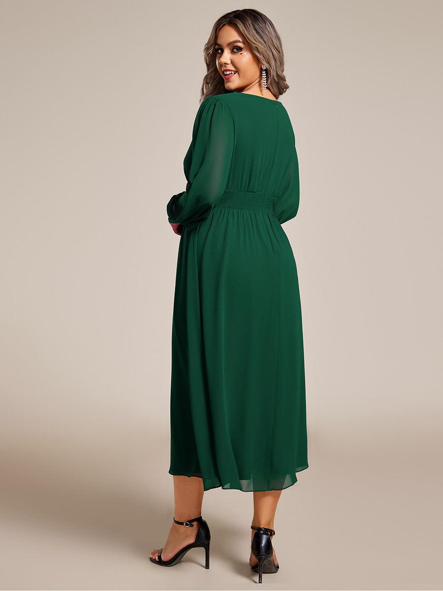 Robe invité mariage mi-longue élégante à col en V et manches longues #Couleur_Vert Fonce