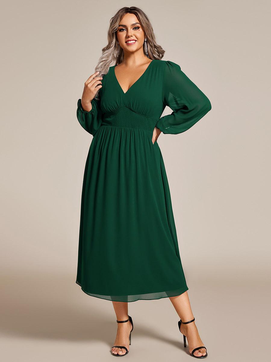Robe invité mariage mi-longue élégante à col en V et manches longues #Couleur_Vert Fonce