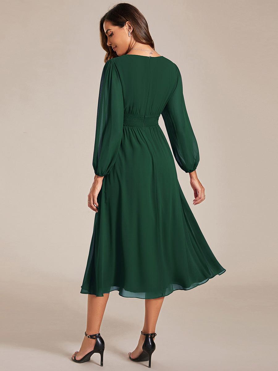 Robe invité mariage mi-longue élégante à col en V et manches longues #Couleur_Vert Fonce