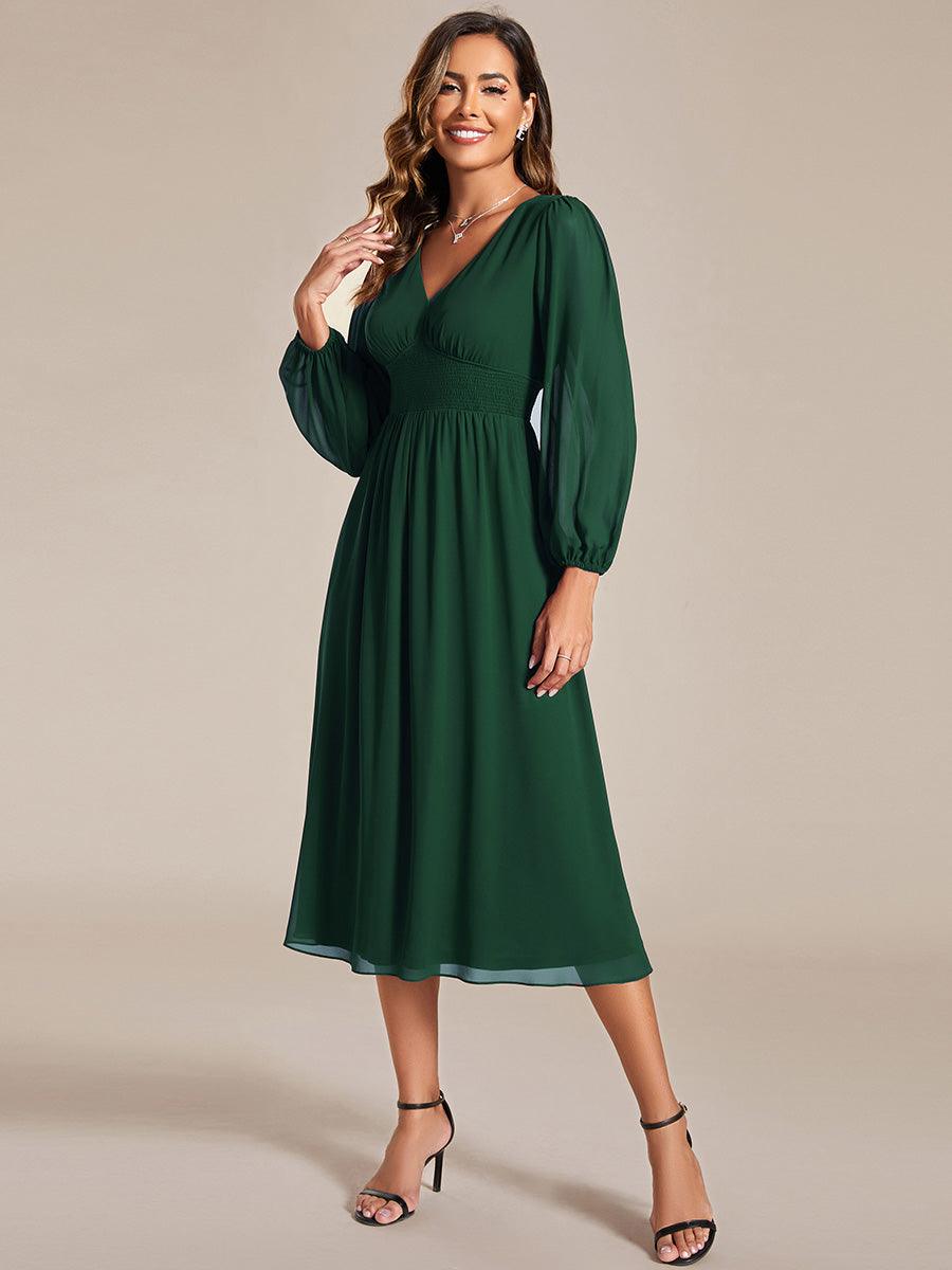 Robe invité mariage mi-longue élégante à col en V et manches longues #Couleur_Vert Fonce