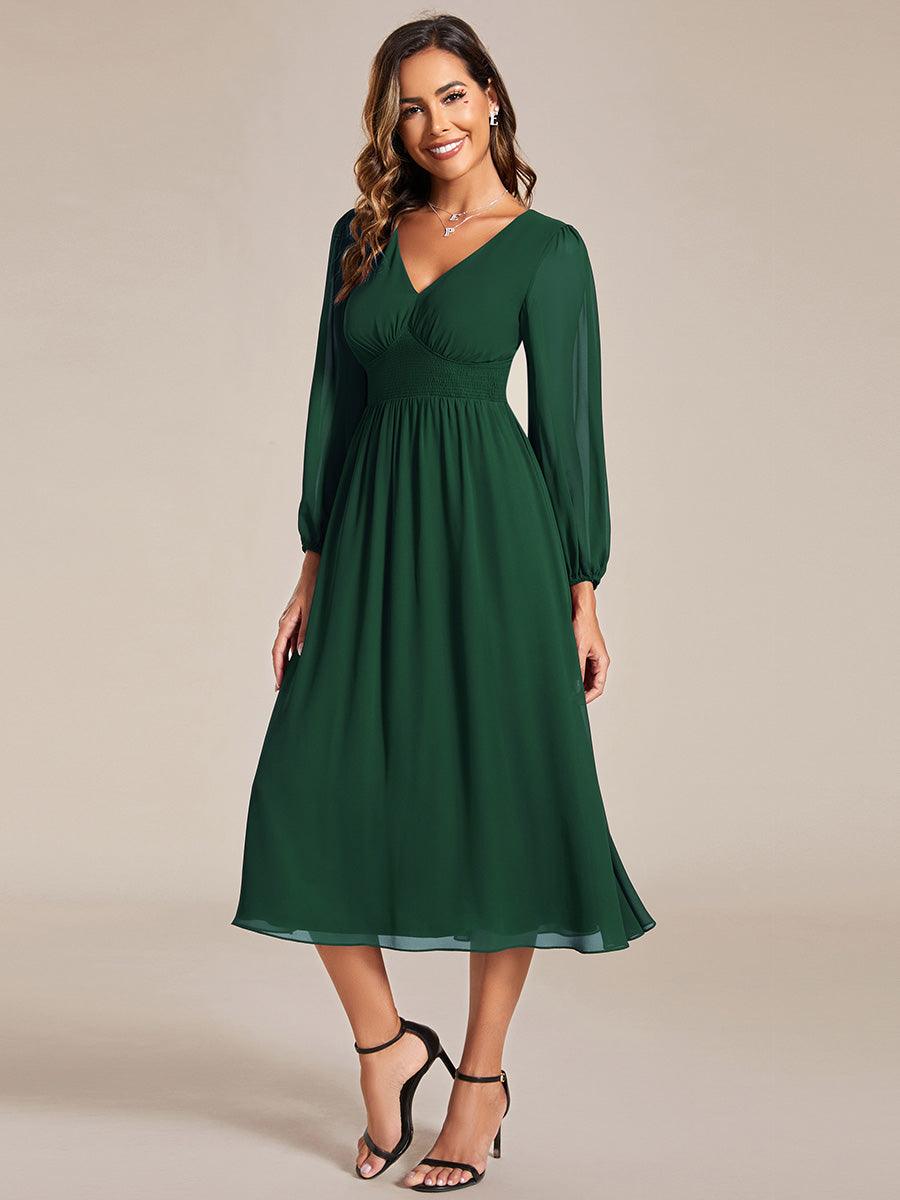 Robe invité mariage mi-longue élégante à col en V et manches longues #Couleur_Vert Fonce