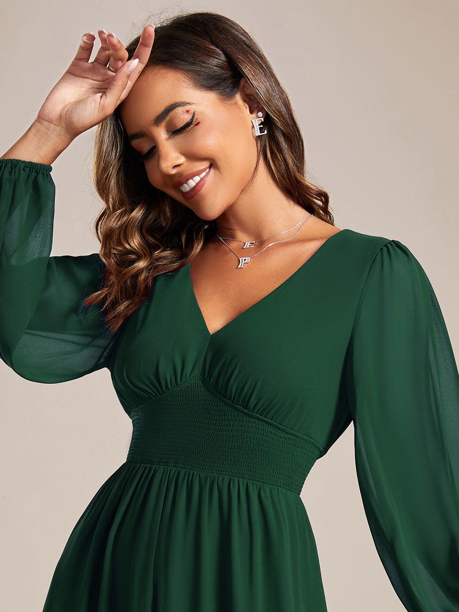 Robe invité mariage mi-longue élégante à col en V et manches longues #Couleur_Vert Fonce