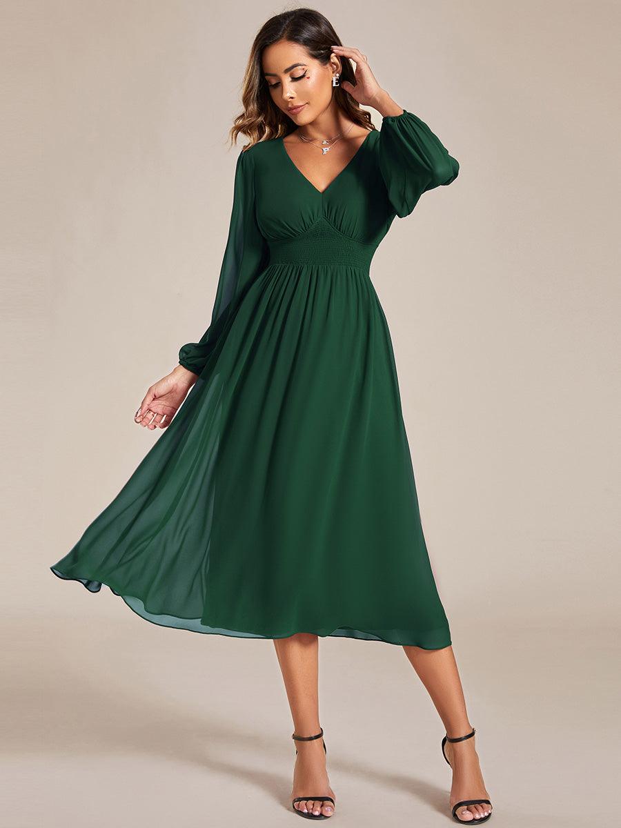Robe invité mariage mi-longue élégante à col en V et manches longues #Couleur_Vert Fonce