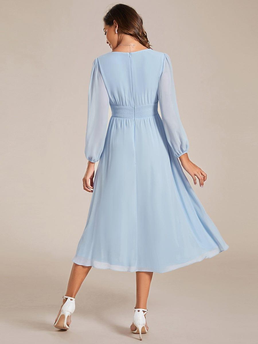 Robe invité mariage mi-longue élégante à col en V et manches longues #Couleur_Bleu Glace