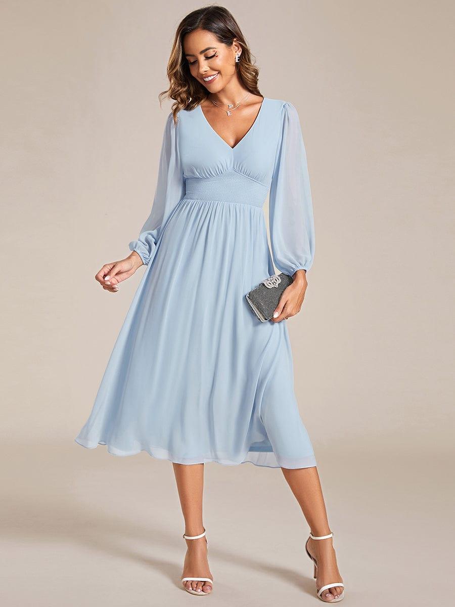 Robe invité mariage mi-longue élégante à col en V et manches longues #Couleur_Bleu Glace