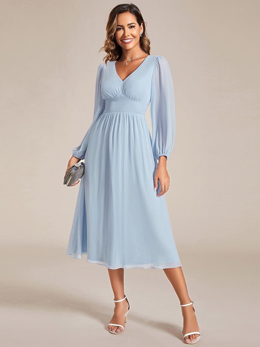 Robe invité mariage mi-longue élégante à col en V et manches longues #Couleur_Bleu Glace