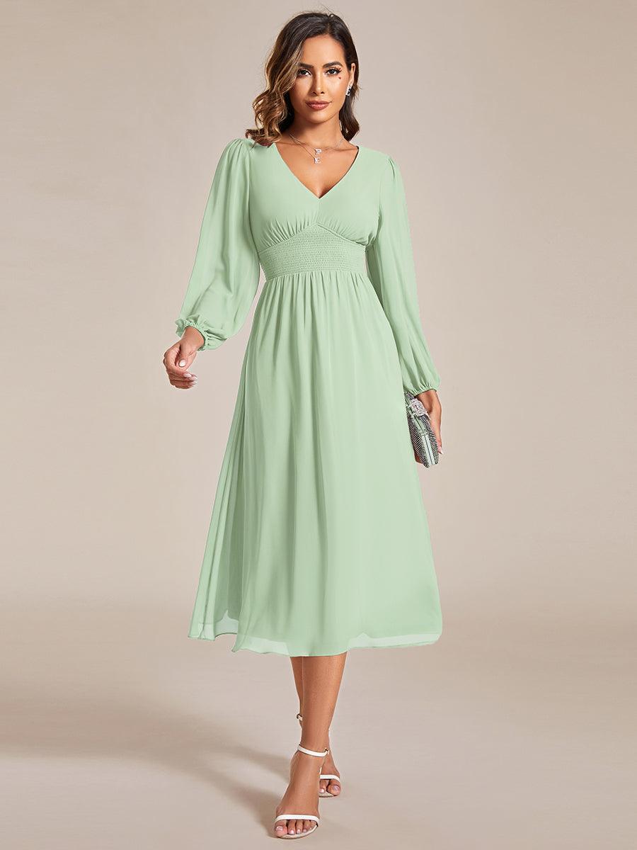 Robe invité mariage mi-longue élégante à col en V et manches longues #Couleur_Menthe Verte