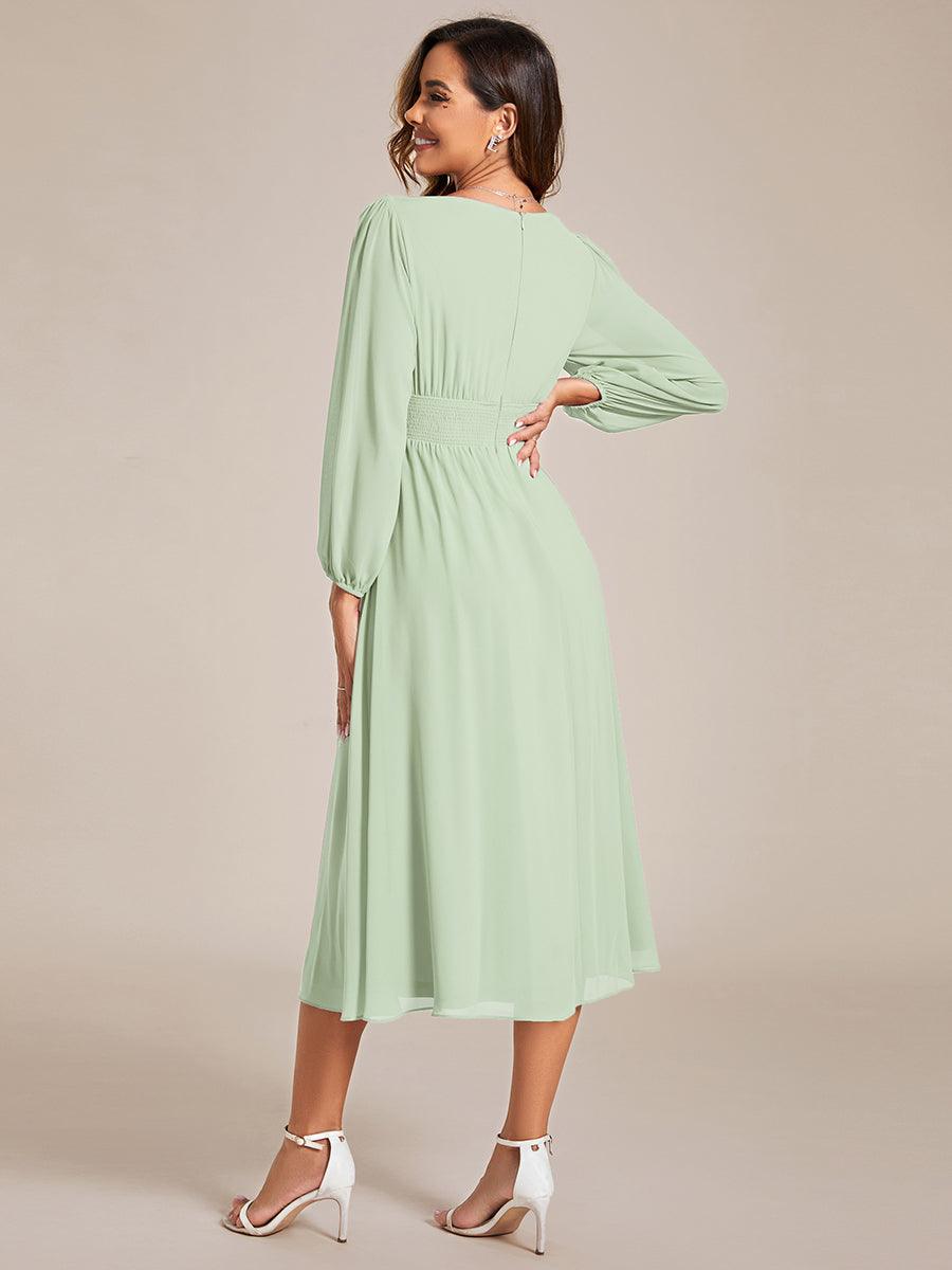 Robe invité mariage mi-longue élégante à col en V et manches longues #Couleur_Menthe Verte