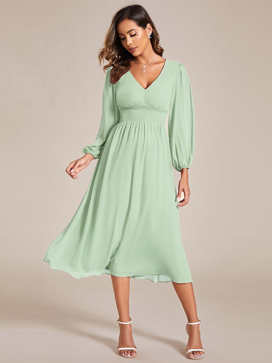Robe invité mariage mi-longue élégante à col en V et manches longues #Couleur_Menthe Verte