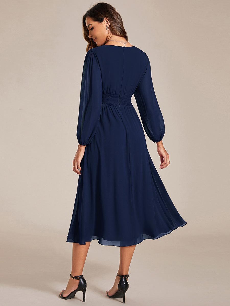 Robe invité mariage mi-longue élégante à col en V et manches longues #Couleur_Bleu Marine