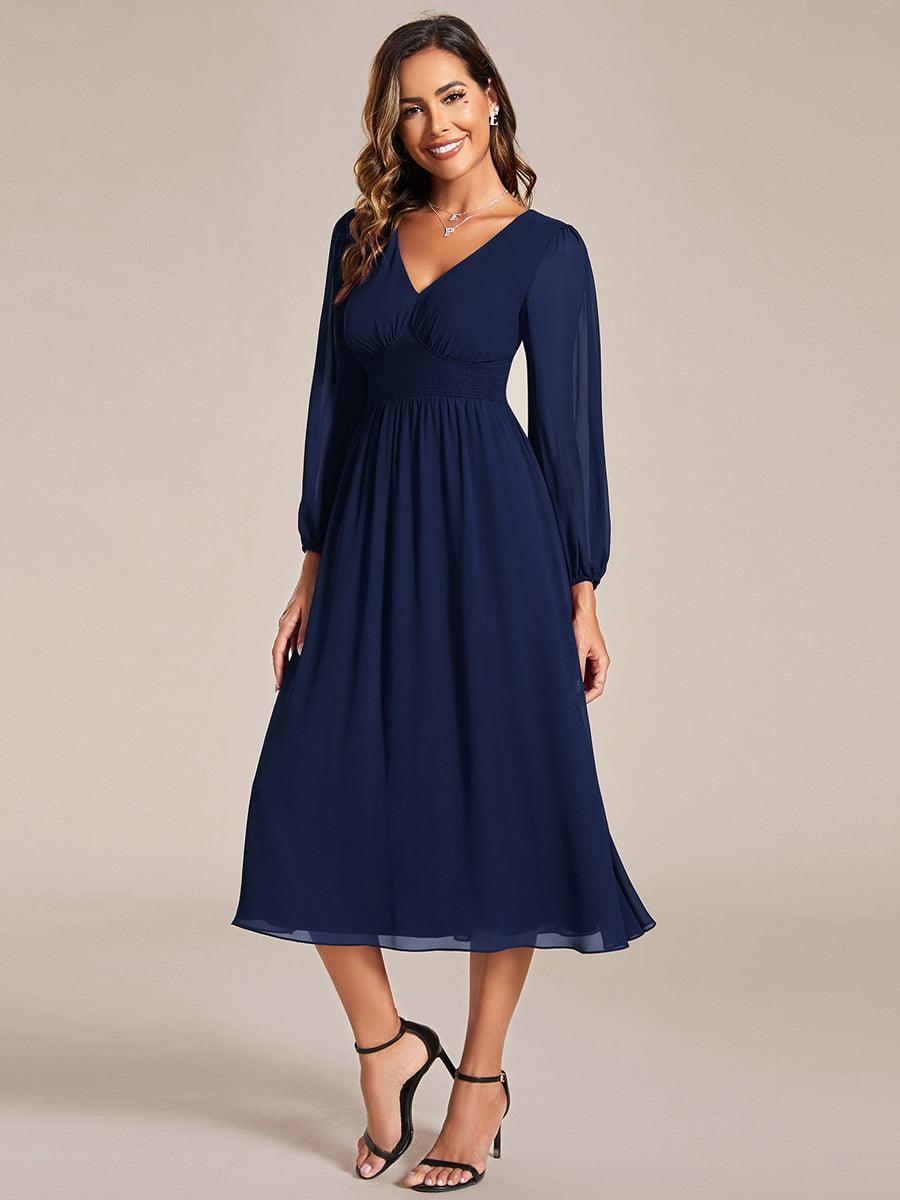 Robe invité mariage mi-longue élégante à col en V et manches longues #Couleur_Bleu Marine