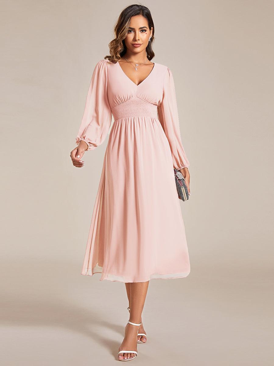 Robe invité mariage mi-longue élégante à col en V et manches longues #Couleur_Rose