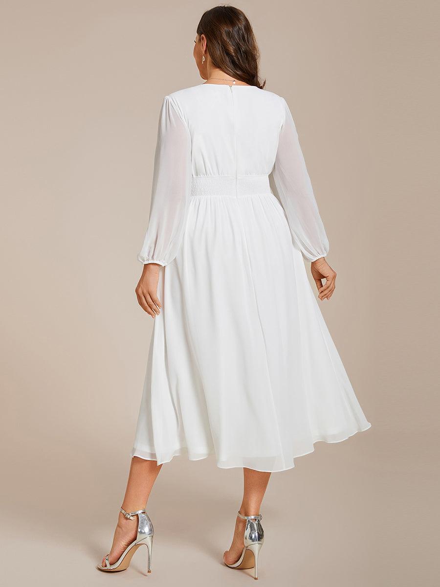 Robe invité mariage mi-longue élégante à col en V et manches longues #Couleur_BLANC