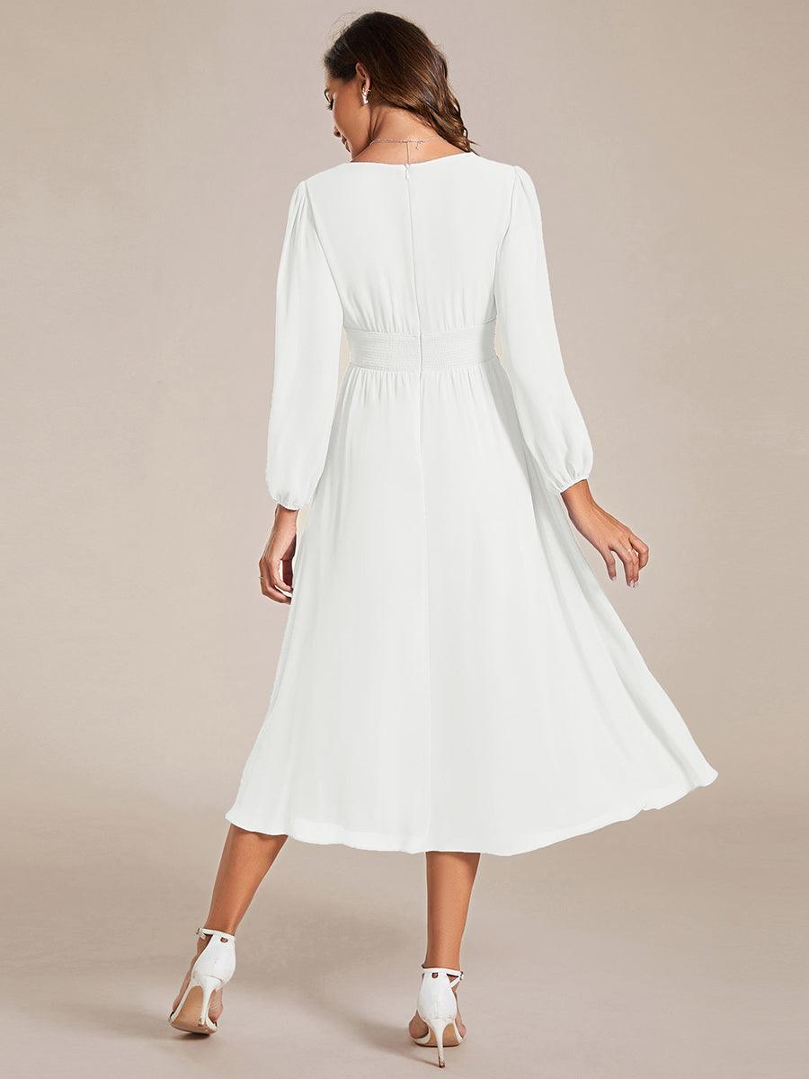 Robe invité mariage mi-longue élégante à col en V et manches longues #Couleur_BLANC