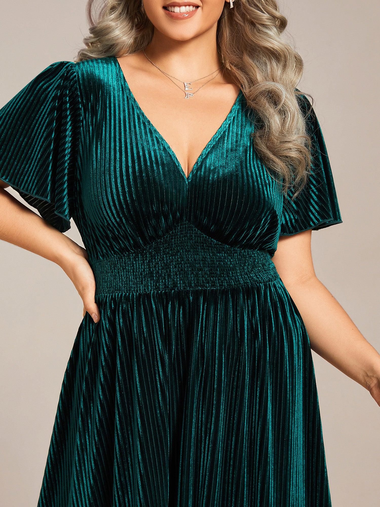 Grande taille Robe d'invité de mariage mi-longue en velours d'automne à manches courtes et col en V gracieux#Couleur_Caramel Grande taille Robe d'invité de mariage mi-longue en velours d'automne à manches courtes et col en V gracieux