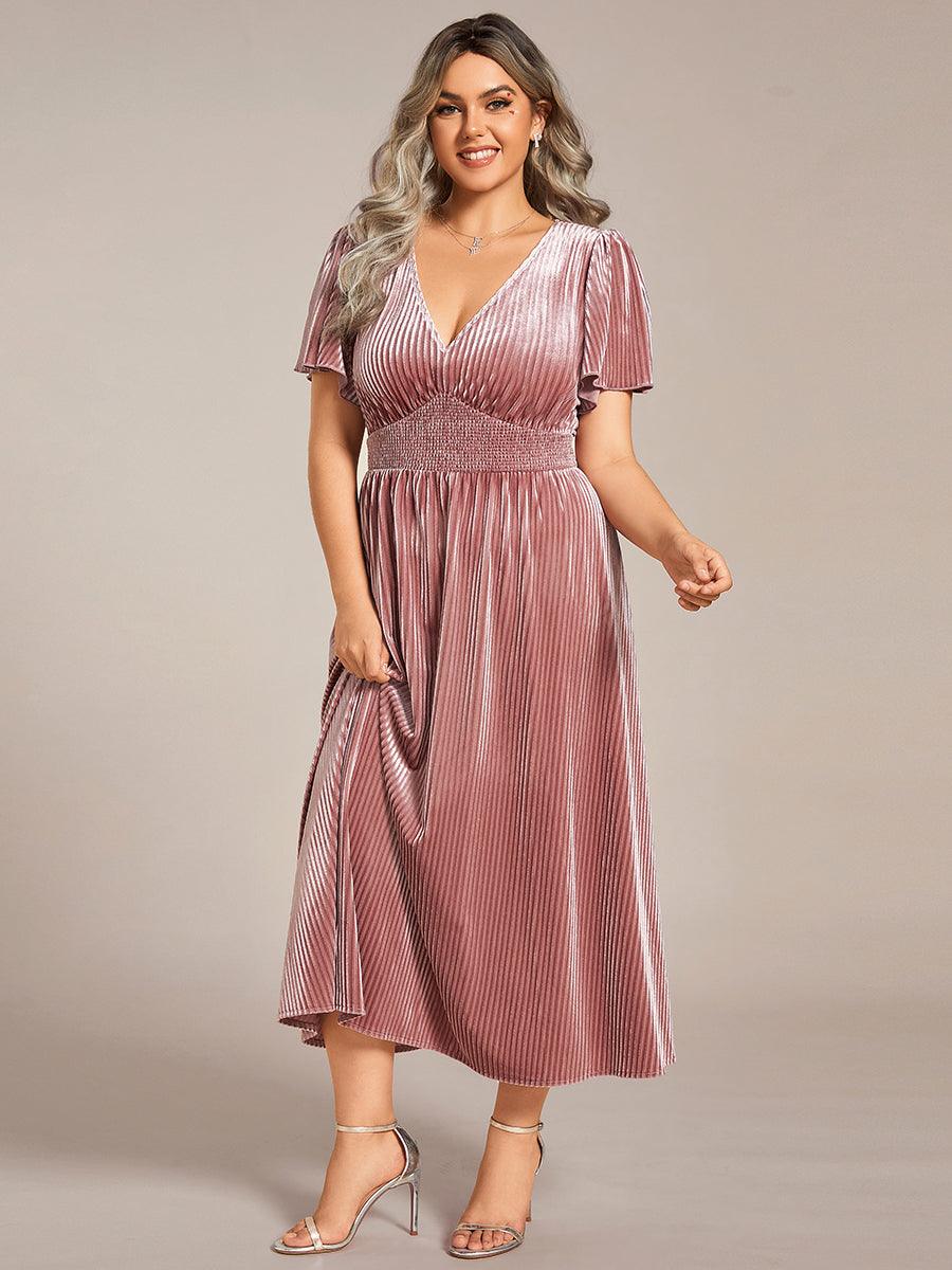 Grande taille Robe d'invité de mariage mi-longue en velours d'automne à manches courtes et col en V gracieux#Couleur_Caramel Grande taille Robe d'invité de mariage mi-longue en velours d'automne à manches courtes et col en V gracieux