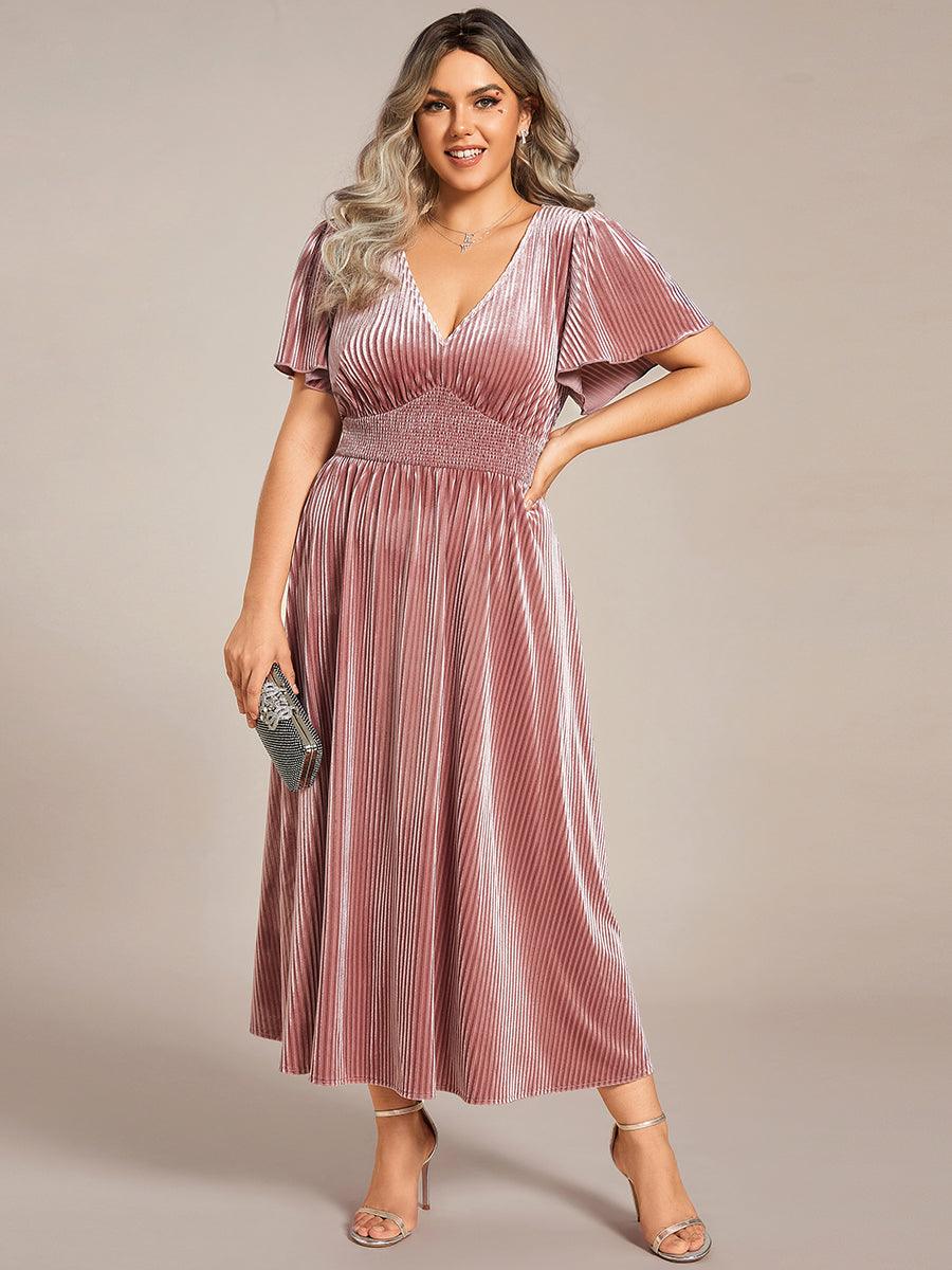 Grande taille Robe d'invité de mariage mi-longue en velours d'automne à manches courtes et col en V gracieux#Couleur_Caramel Grande taille Robe d'invité de mariage mi-longue en velours d'automne à manches courtes et col en V gracieux
