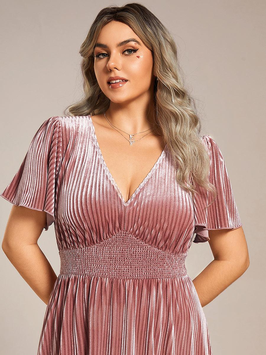Grande taille Robe d'invité de mariage mi-longue en velours d'automne à manches courtes et col en V gracieux#Couleur_Caramel Grande taille Robe d'invité de mariage mi-longue en velours d'automne à manches courtes et col en V gracieux