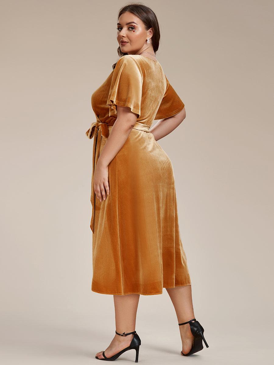 Grande taille Robe d'invité de mariage mi-longue en velours type une pièce manches courtes col en V #Couleur_Gingembre