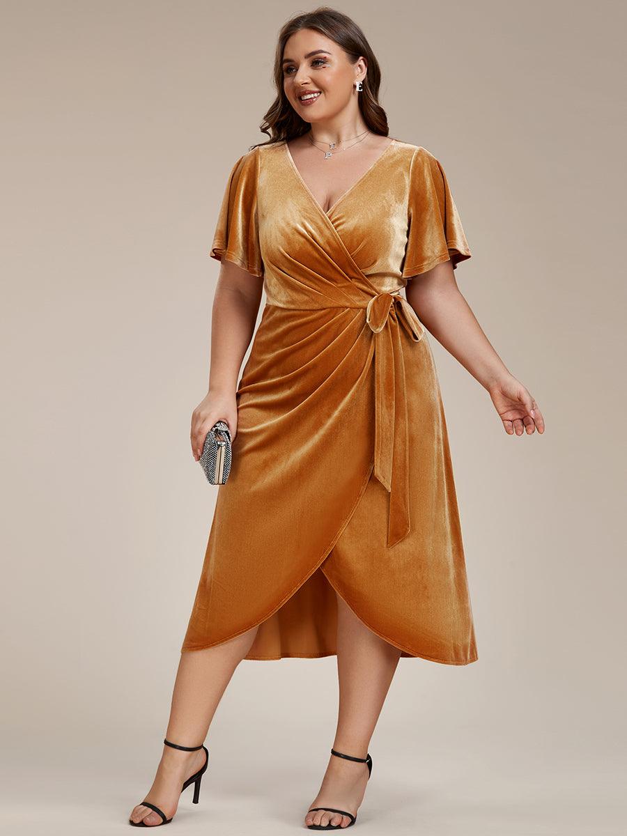 Grande taille Robe d'invité de mariage mi-longue en velours type une pièce manches courtes col en V #Couleur_Gingembre Grande taille Robe d'invité de mariage mi-longue en velours type une pièce manches courtes col en V