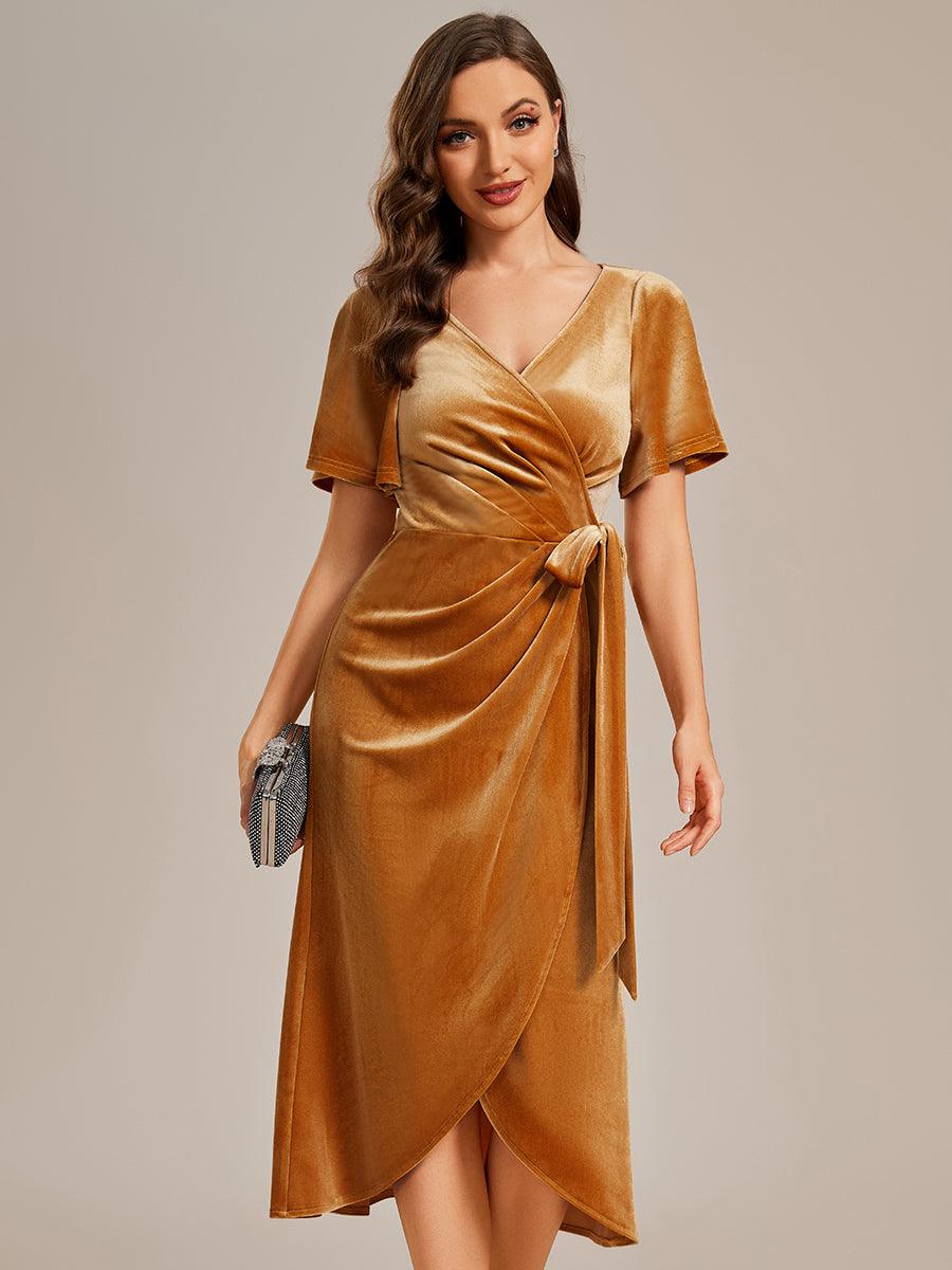 Robe d'invité de mariage mi-longue en velours type une pièce manches courtes col en V #Couleur_Gingembre