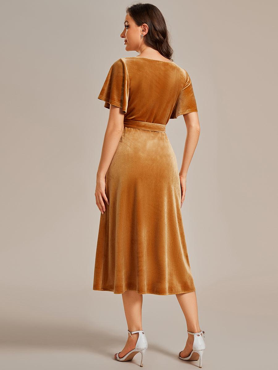 Robe d'invité de mariage mi-longue en velours type une pièce manches courtes col en V #Couleur_Gingembre