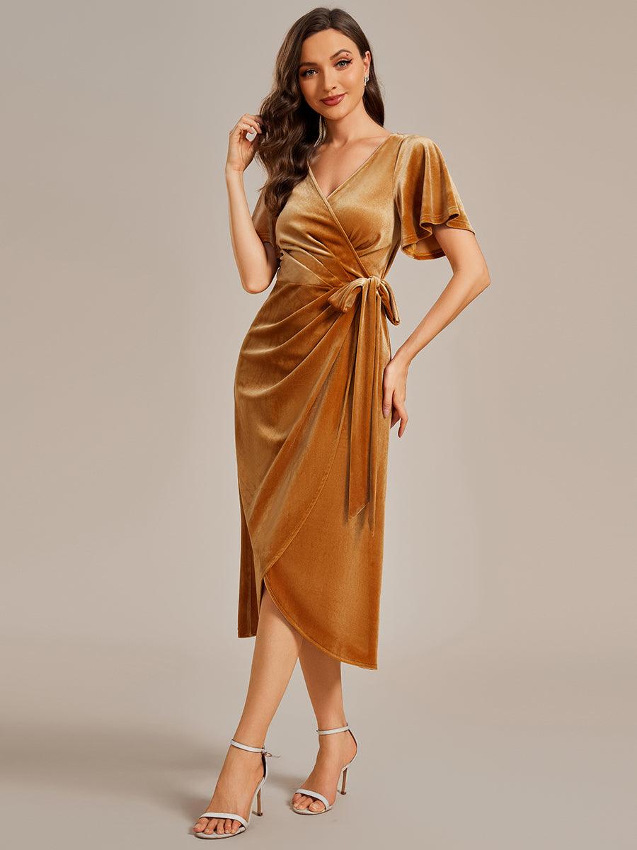 Robe d'invité de mariage mi-longue en velours type une pièce manches courtes col en V #Couleur_Gingembre