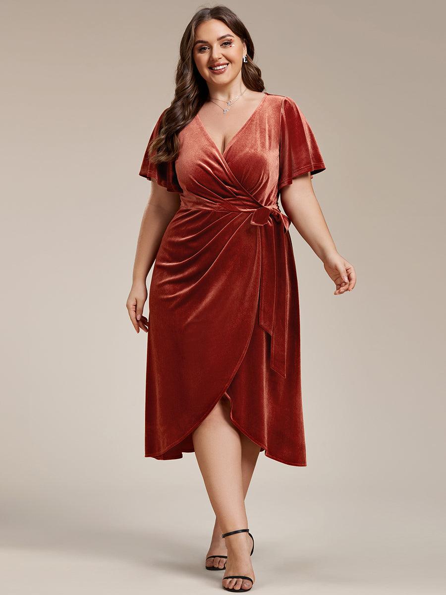 Grande taille Robe d'invité de mariage mi-longue en velours type une pièce manches courtes col en V #Couleur_Rouge Brique