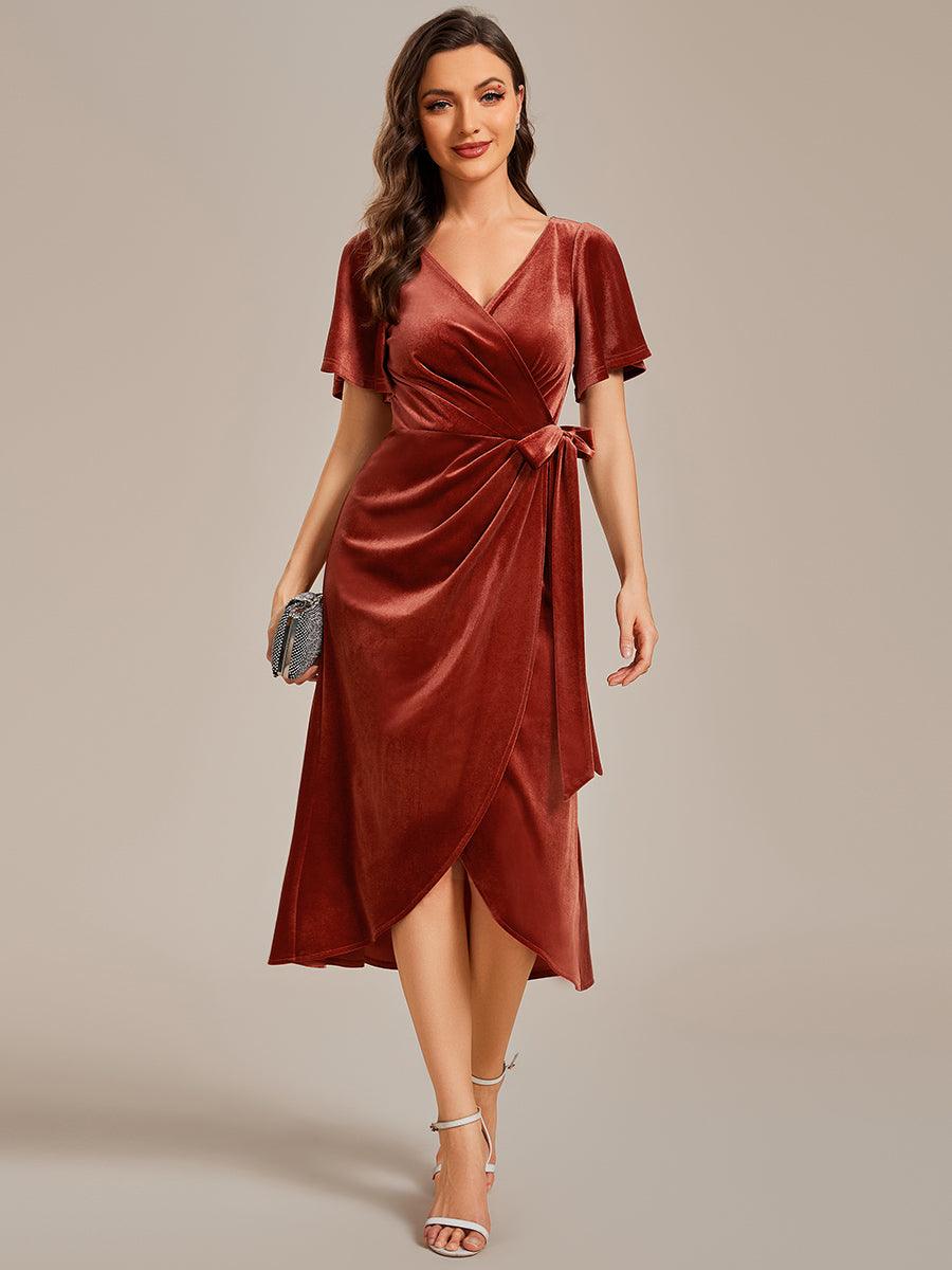 Robe d'invité de mariage mi-longue en velours type une pièce manches courtes col en V #Couleur_Rouge Brique