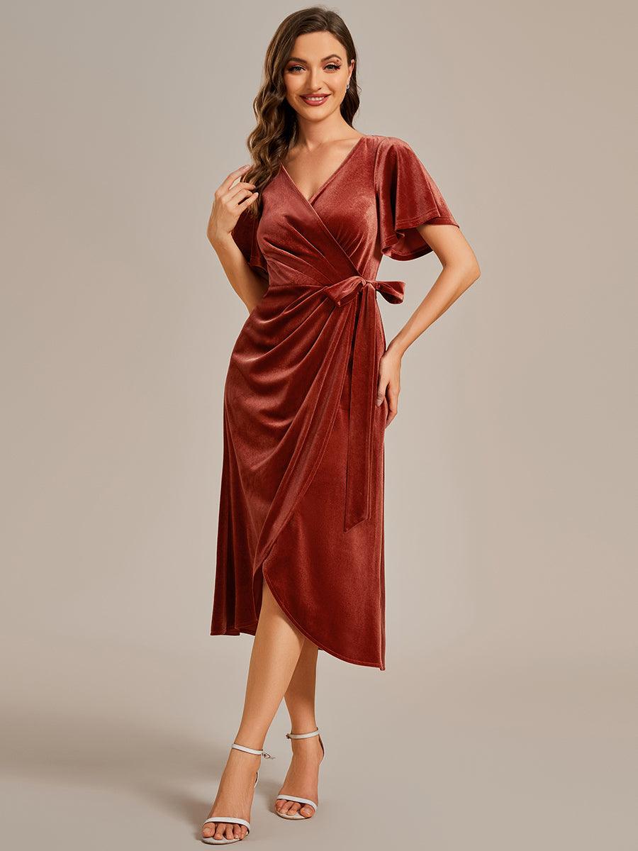 Robe d'invité de mariage mi-longue en velours type une pièce manches courtes col en V #Couleur_Rouge Brique
