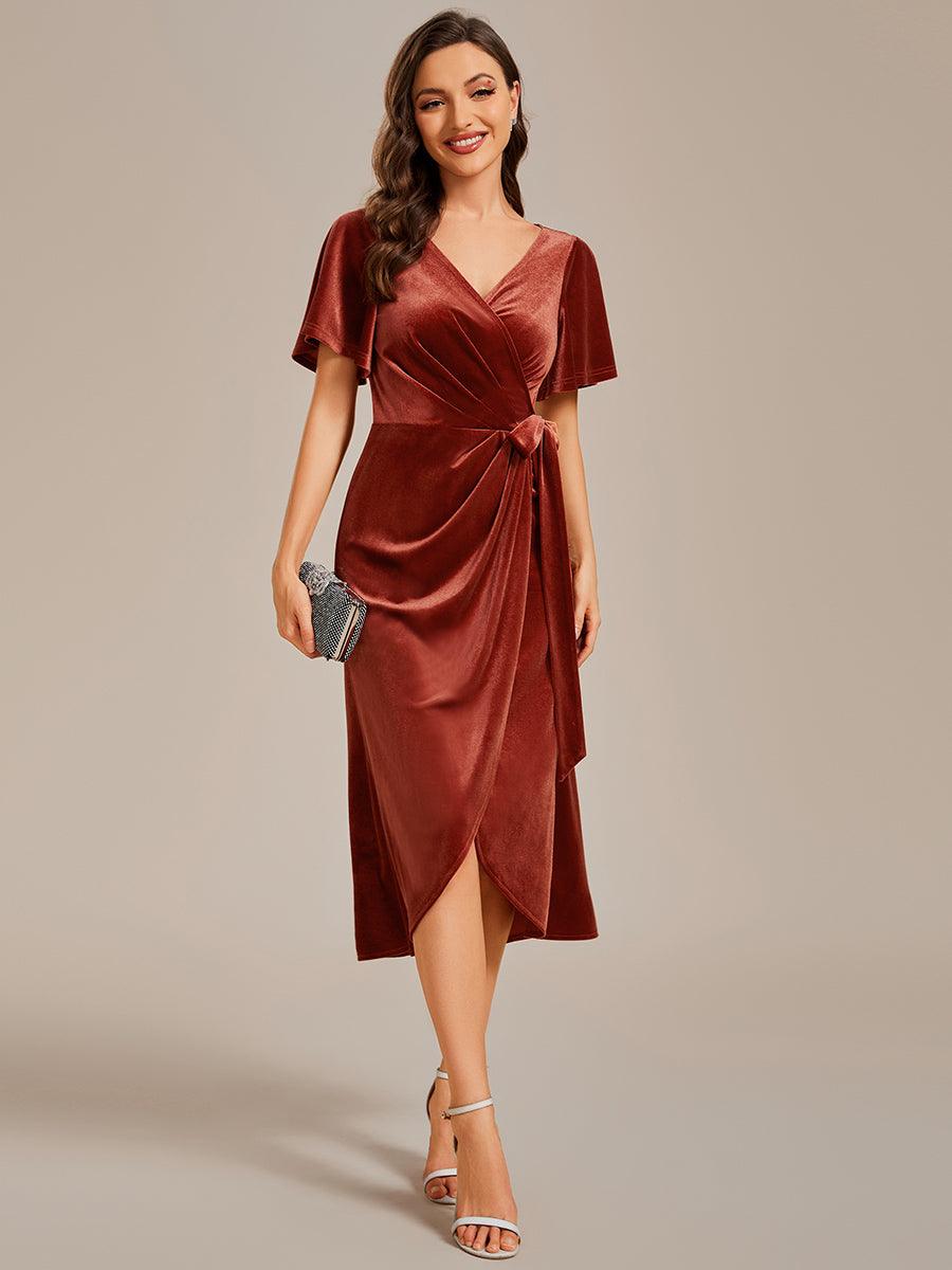 Robe d'invité de mariage mi-longue en velours type une pièce manches courtes col en V #Couleur_Rouge Brique