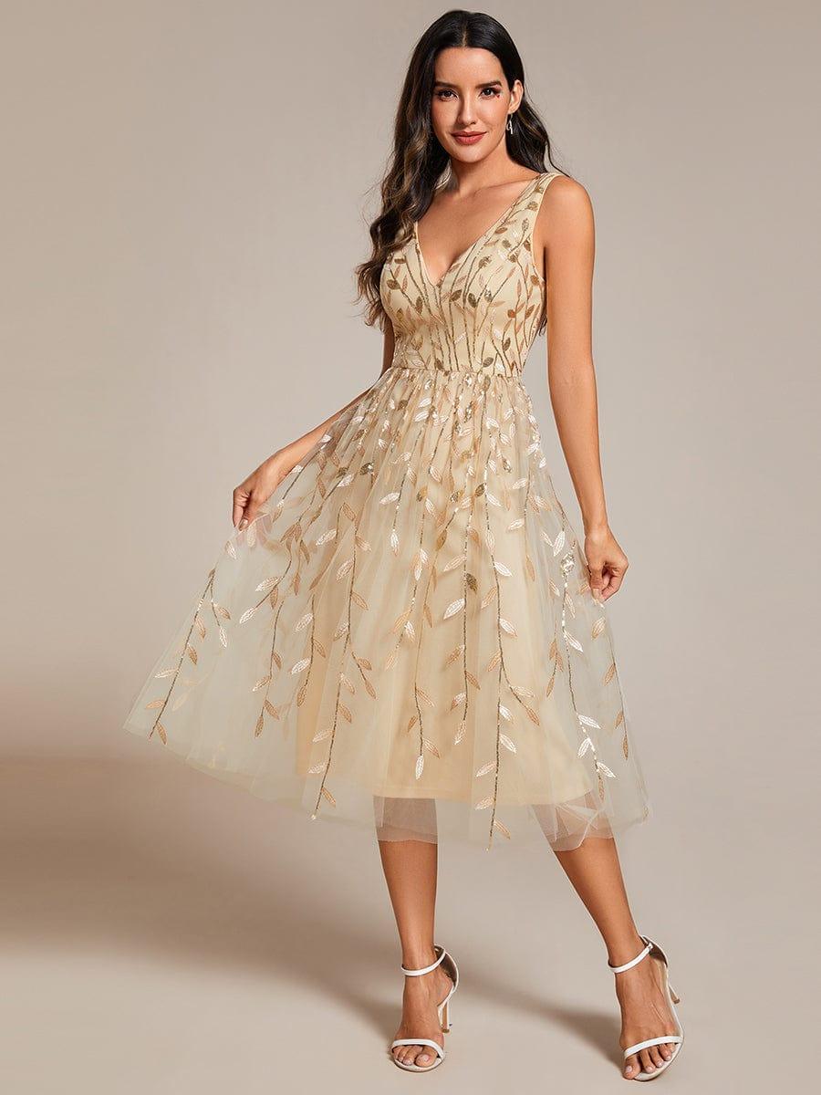 Robe d'invité de mariage mi-longue trapèze à col en V et paillettes avec sans manches #Couleur_Dorée