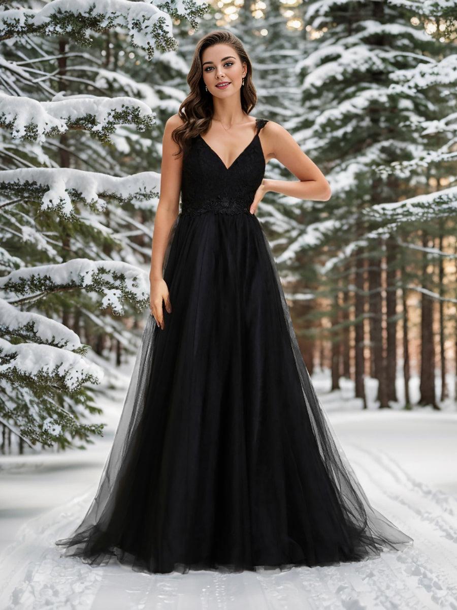 Robe De Mariée Trapèze à Double Col En V Et Corsage En Dentelle #Couleur_Noir Robe De Mariée Trapèze à Double Col En V Et Corsage En Dentelle