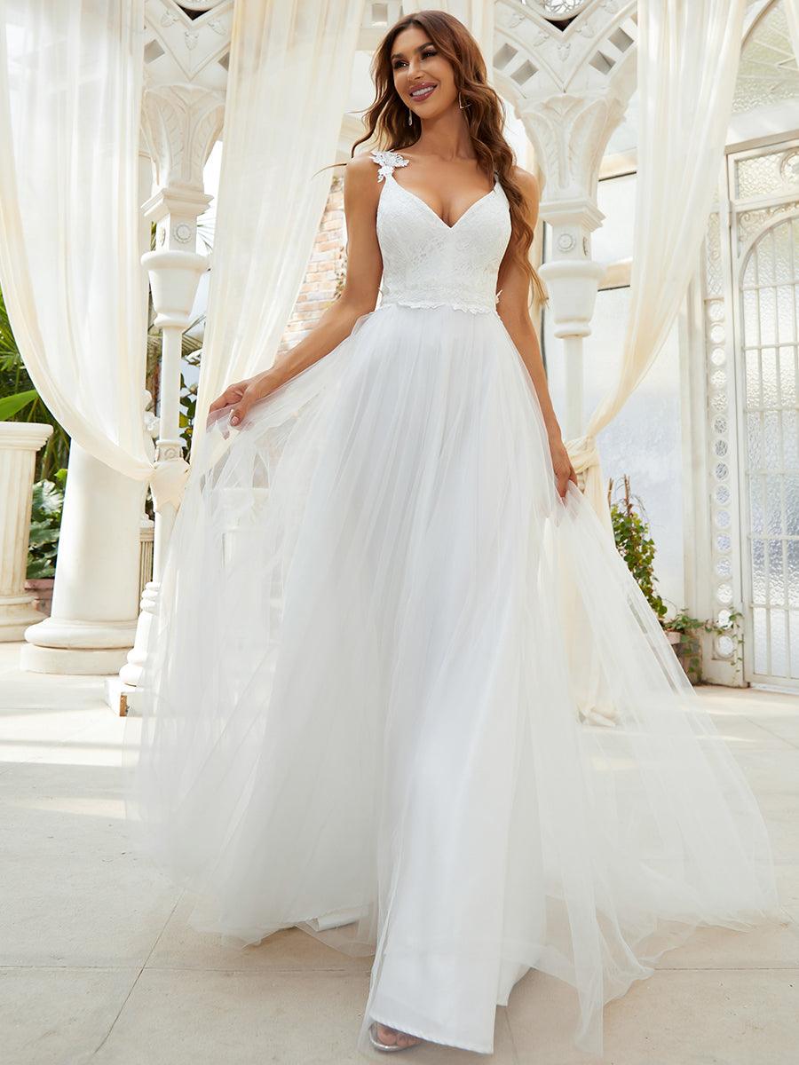 Robe De Mariée Trapèze à Double Col En V Et Corsage En Dentelle #Couleur_Noir Robe De Mariée Trapèze à Double Col En V Et Corsage En Dentelle