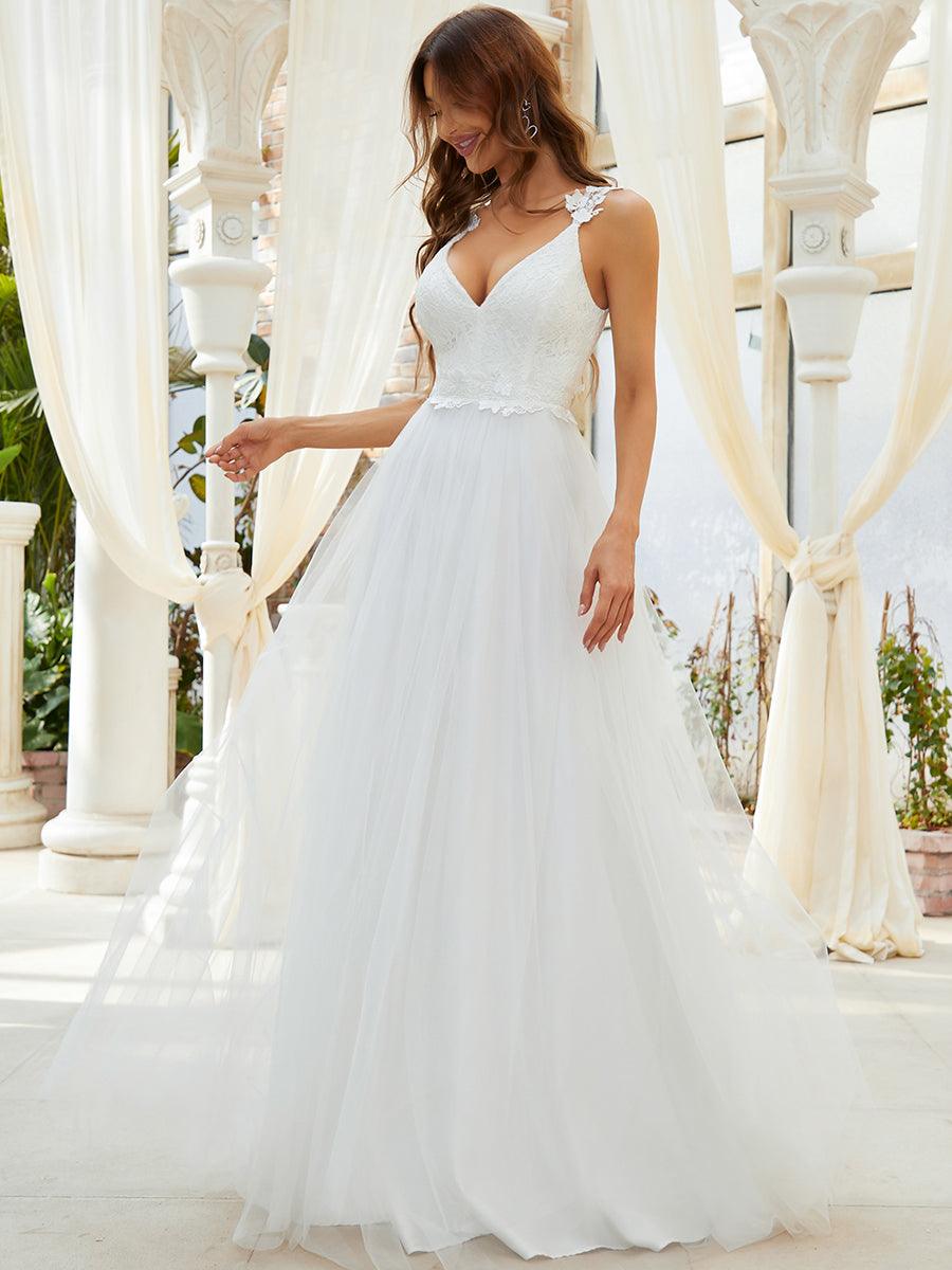 Robe De Mariée Trapèze à Double Col En V Et Corsage En Dentelle #Couleur_Creme