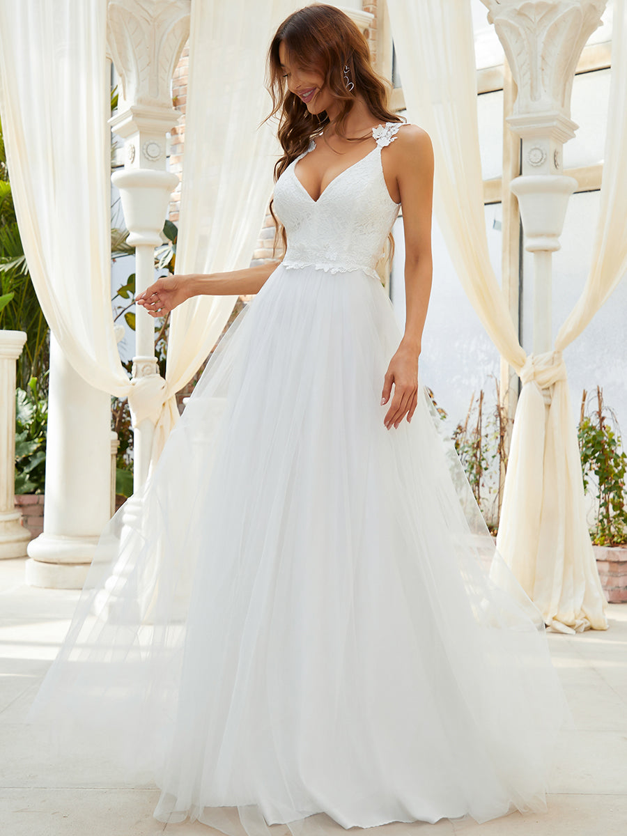 Taille Personnalisée Robe De Mariée Trapèze à Double Col En V Et Corsage En Dentelle #couleur_Creme Taille Personnalisée Robe De Mariée Trapèze à Double Col En V Et Corsage En Dentelle
