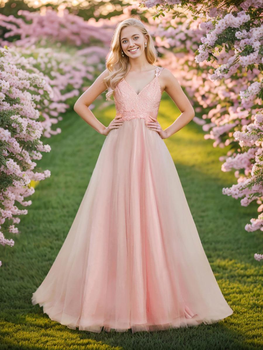 Robe De Mariée Trapèze à Double Col En V Et Corsage En Dentelle #Couleur_Rose