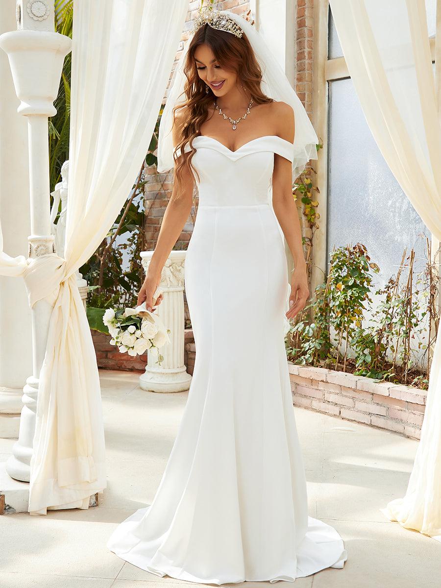 Robe de mariée sirène de couleur unie à épaules dénudées #Couleur_Creme