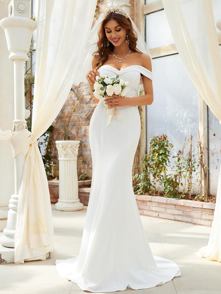 Robe de mariée sirène de couleur unie à épaules dénudées #Couleur_Creme