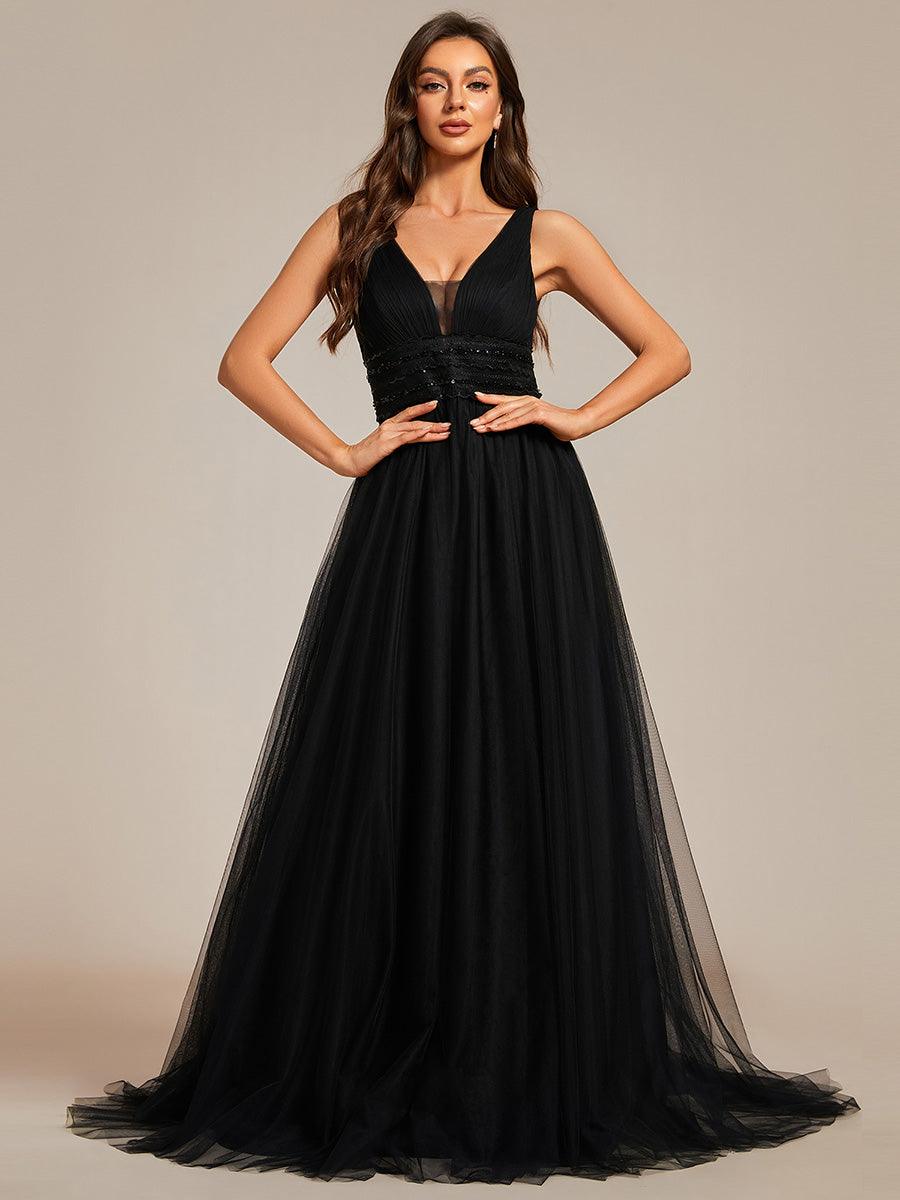 Robe de mariée longue sans manches en V profond et dos bas #Couleur_Noir